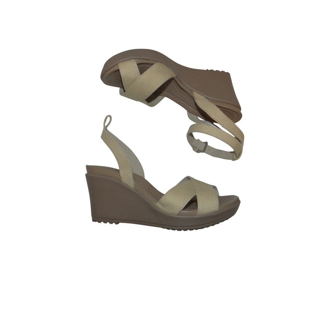 Crocs Leigh II Ankle Strap Wedge Sandals Oatmeal Beige Canvas 204950 Womens W4
